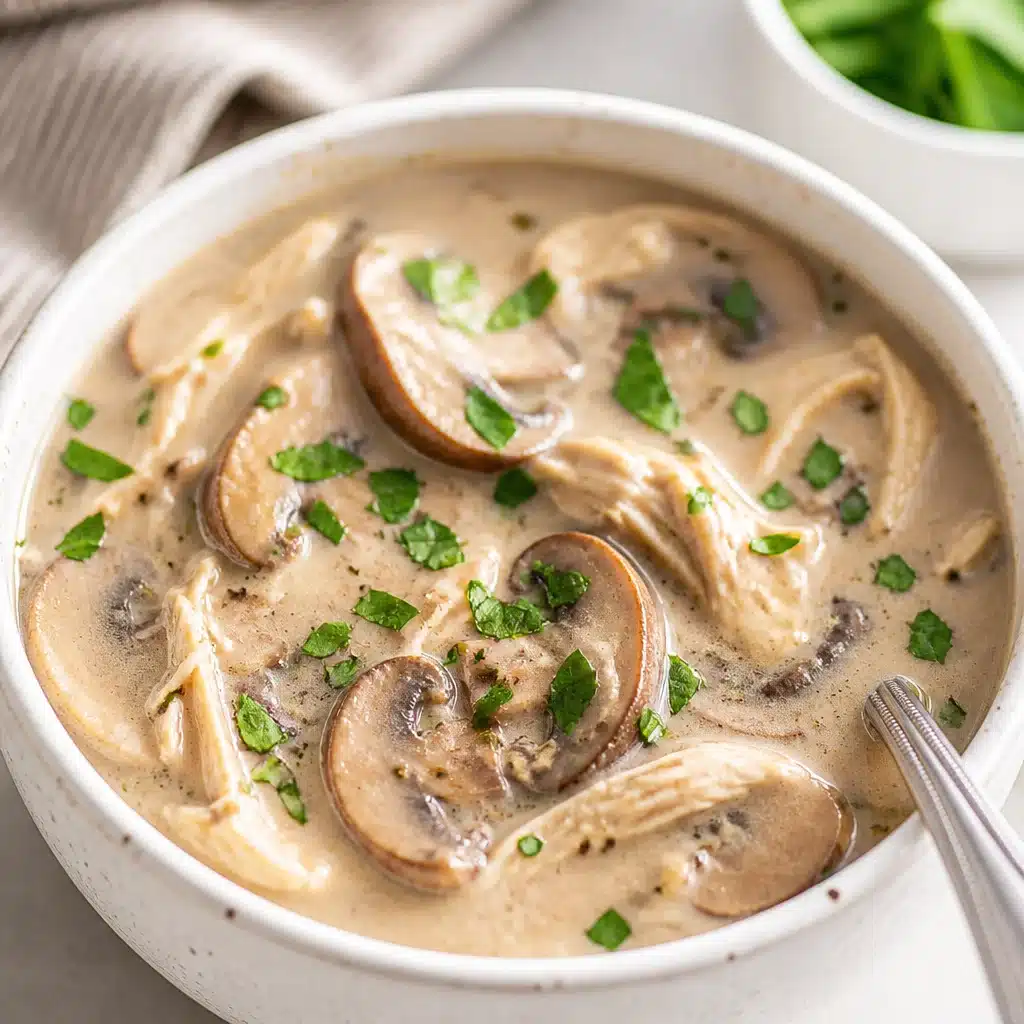 Delicious Macro-Friendly Creamy Turkey & Mushroom Soup served in a bowl.
