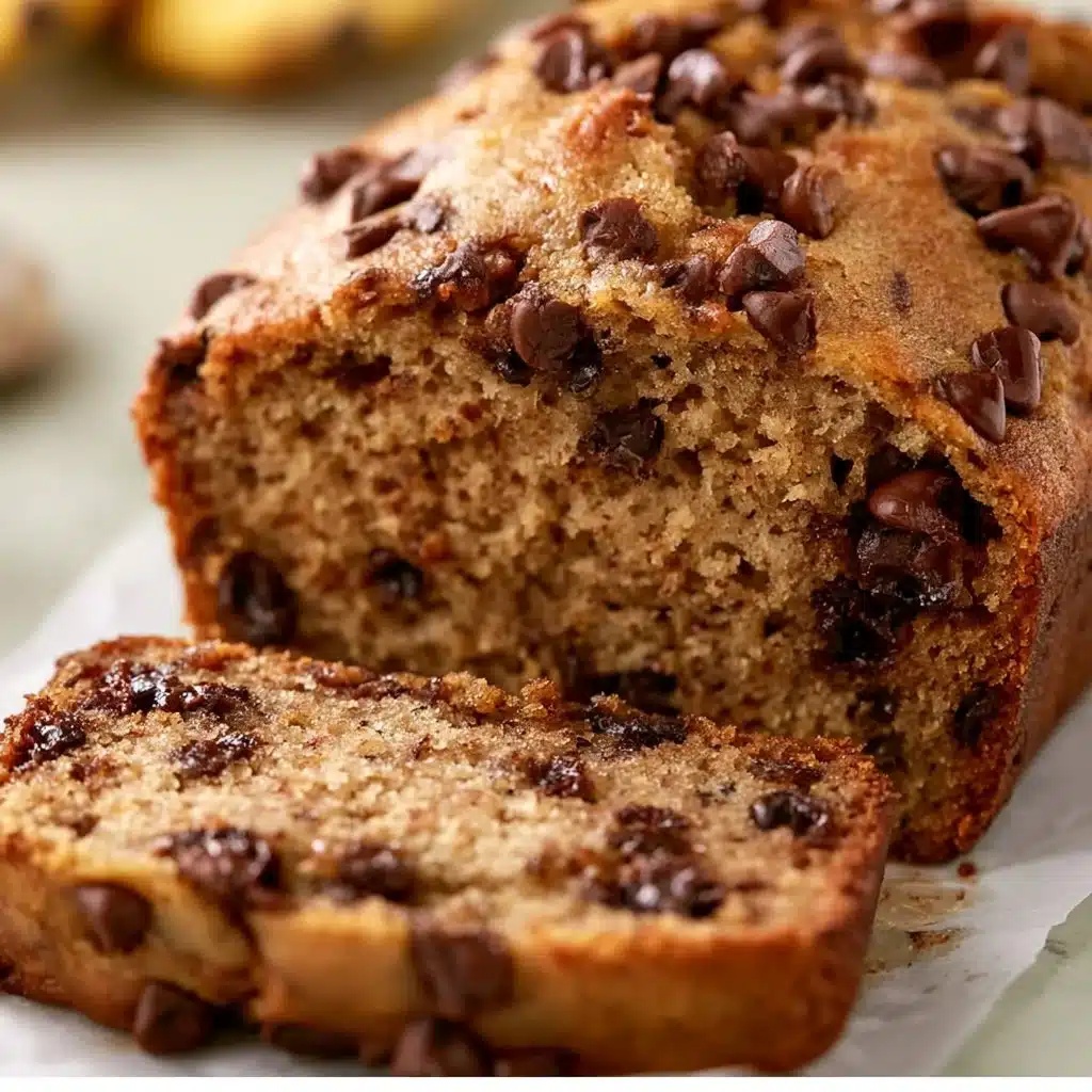 Delicious easy protein banana bread slice on a wooden table