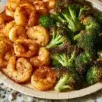 Garlic Butter Shrimp and Broccoli Skillet dish served in a pan.