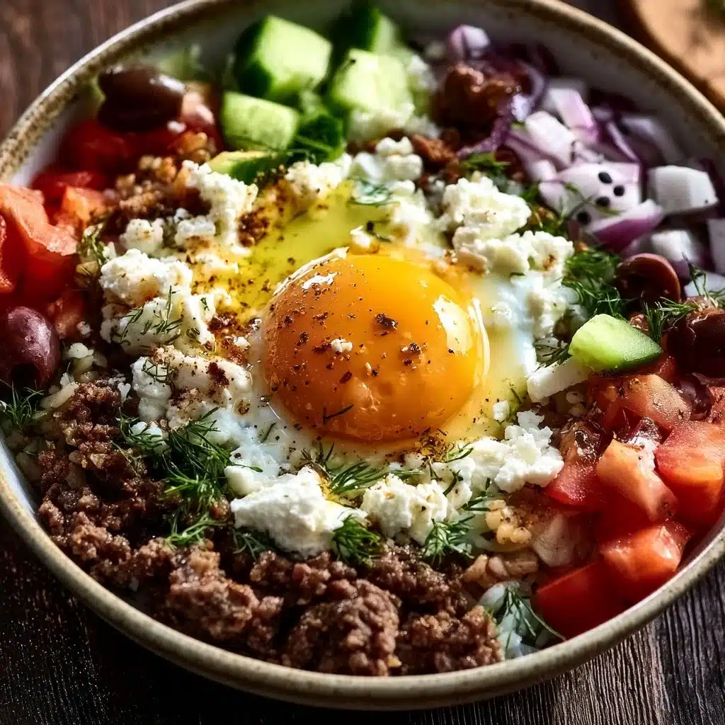Delicious Greek Ground Beef Rice Bowl topped with fresh veggies and herbs.