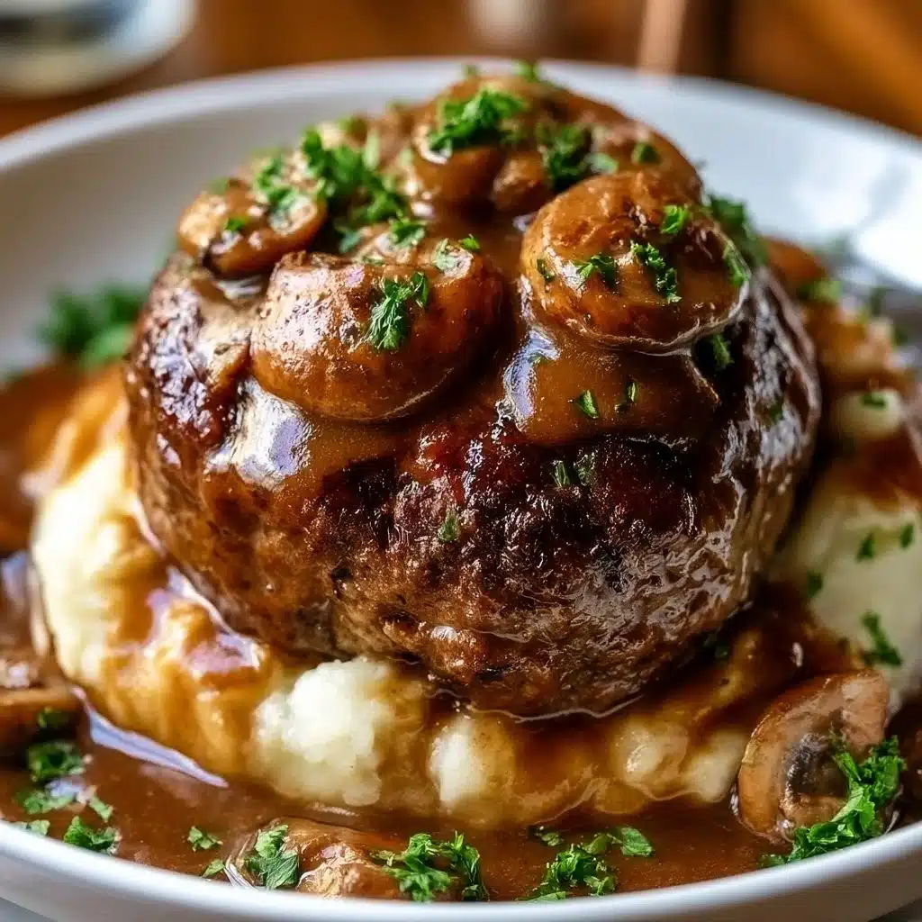Delicious hamburger steaks topped with creamy mushroom gravy served on a plate.
