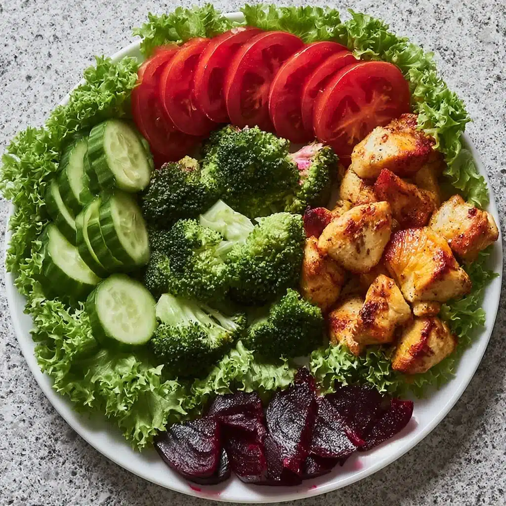 Healthy grilled chicken power plate with vegetables and grains