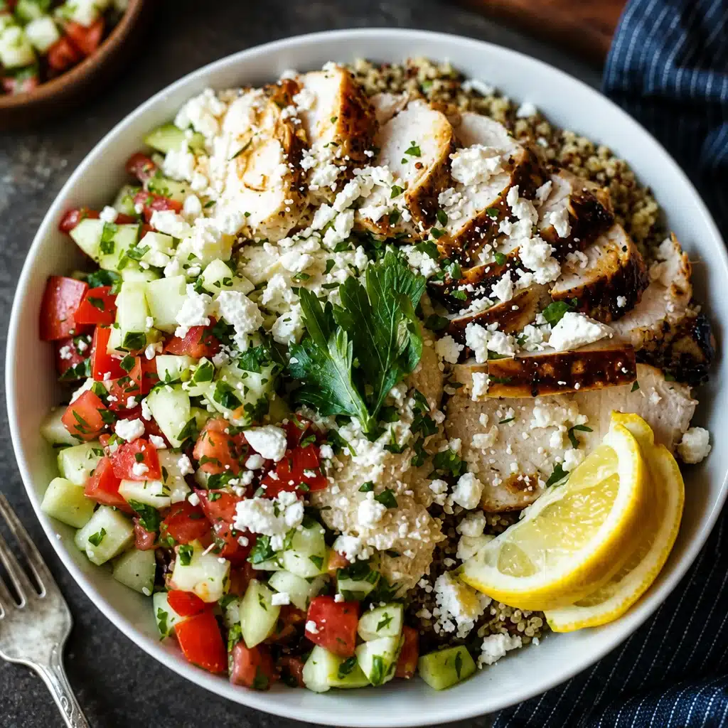 High-Protein Mediterranean Chickpea & Grilled Chicken Quinoa Bowl with fresh vegetables.