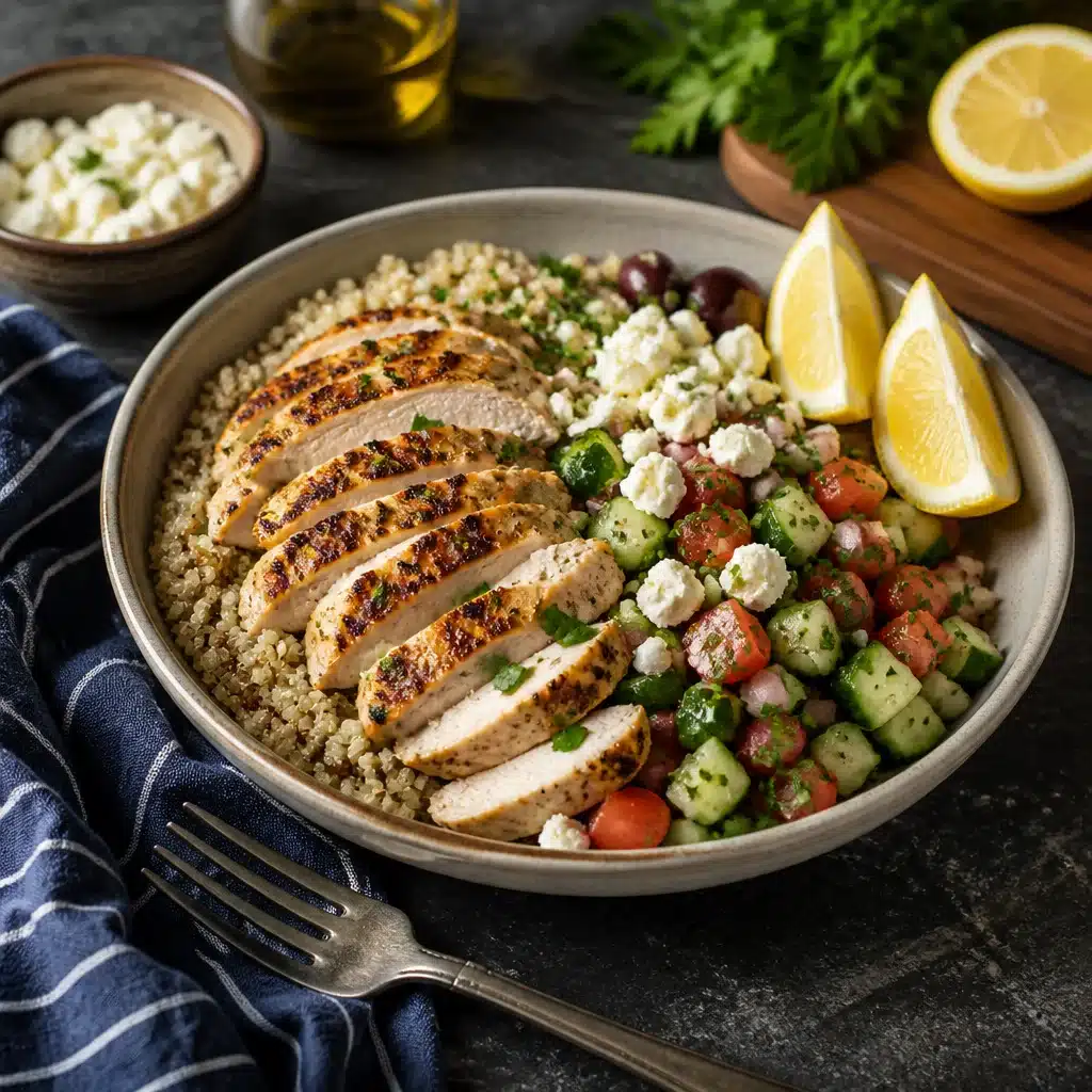 Healthy High-Protein Mediterranean Chickpea & Grilled Chicken Quinoa Bowls