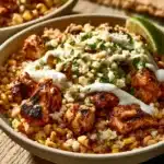 Delicious high-protein street corn chicken bowls topped with fresh ingredients.