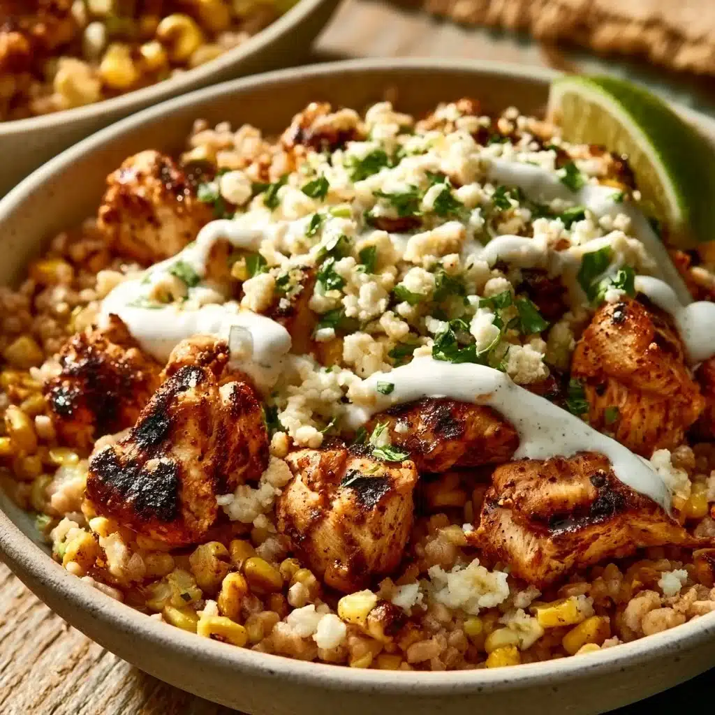 Delicious high-protein street corn chicken bowls topped with fresh ingredients.