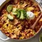 One pan beef enchilada skillet topped with cheese and garnished with cilantro.