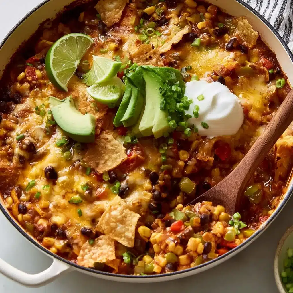 One pan beef enchilada skillet topped with cheese and garnished with cilantro.