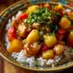 Delicious Pineapple Chicken Rice Bowl with vibrant vegetables and coconut rice