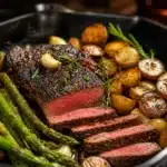 High-Protein Lemon Garlic Butter Steak Bites served with Asparagus in a bowl.