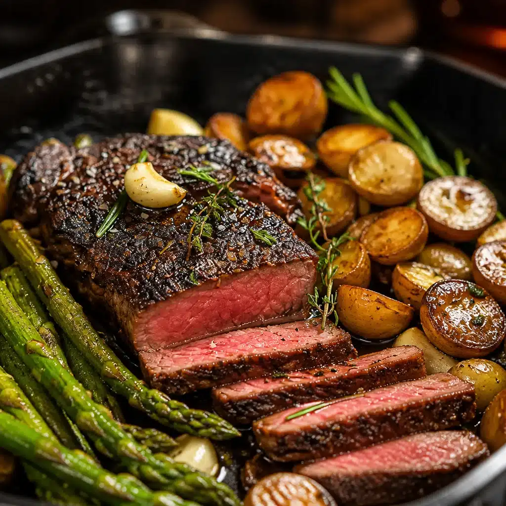 High-Protein Lemon Garlic Butter Steak Bites served with Asparagus in a bowl.
