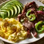Steak Power Plate with creamy scrambled eggs and avocado on a plate