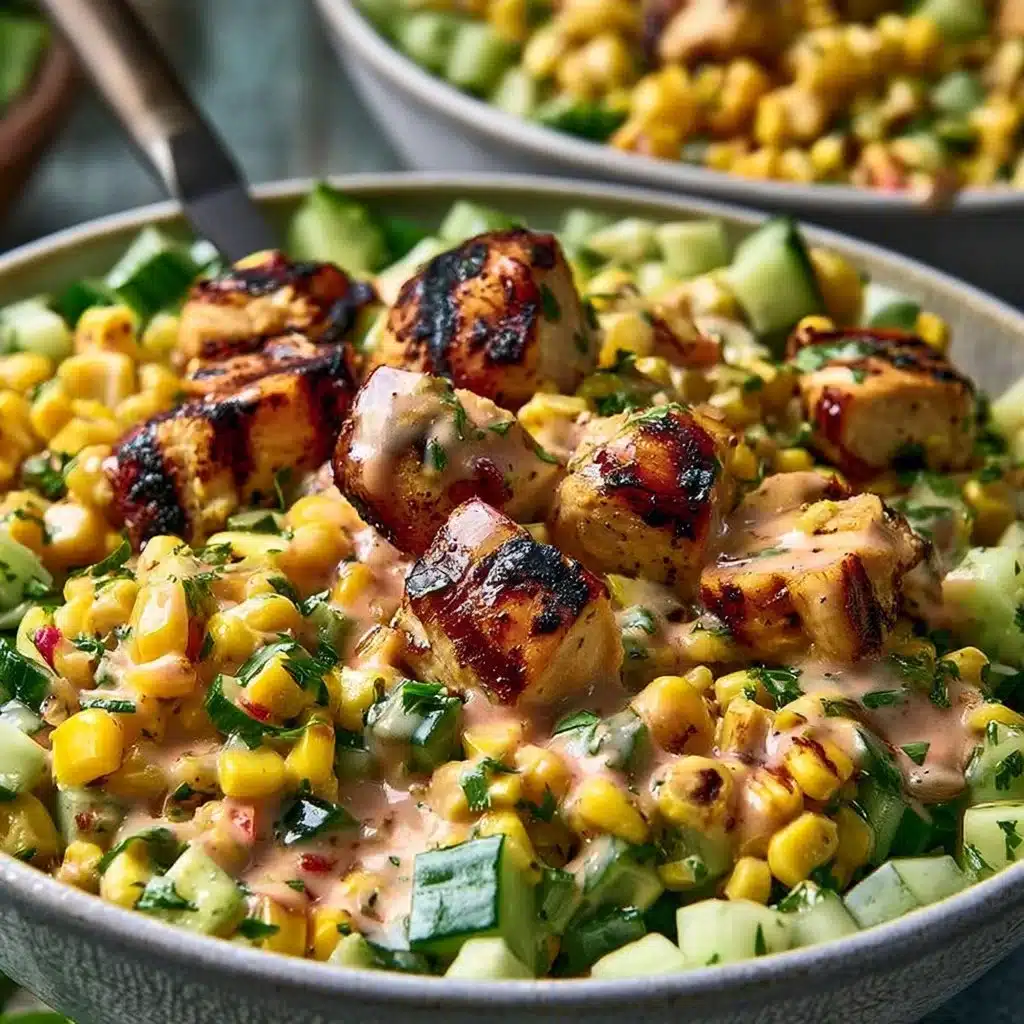 Delicious Street Corn Creamy Cucumber Chicken Salad served in a bowl