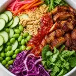 High-Protein Sweet Chili Chicken & Edamame Bowls with vibrant vegetables and sauce