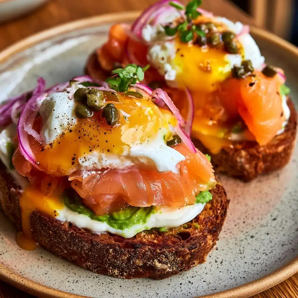 Ultimate smoked salmon avocado toast topped with a jammy poached egg
