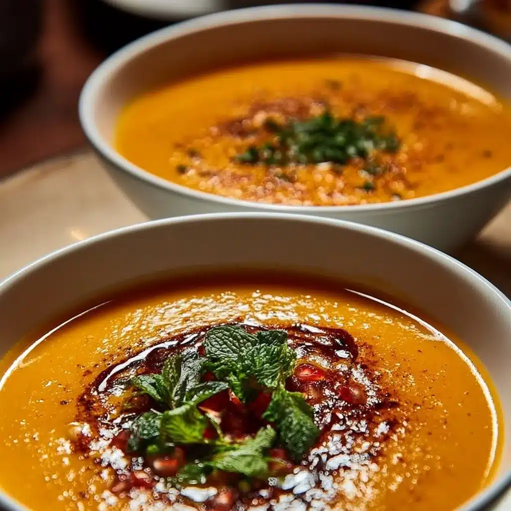 Bowl of creamy Apple-Butternut Squash Soup garnished with herbs