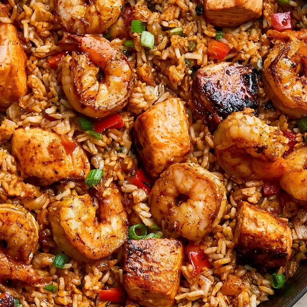 Cajun salmon shrimp fried rice garnished with green onions and spices
