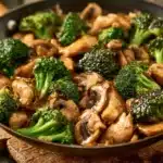 Delicious chicken broccoli mushroom stir fry served in a bowl