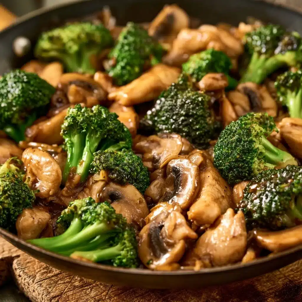 Delicious chicken broccoli mushroom stir fry served in a bowl