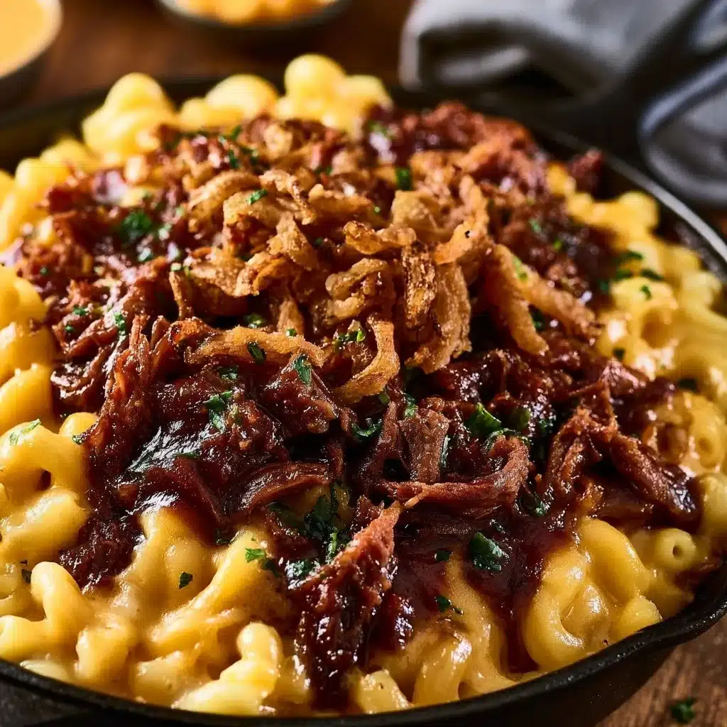 Creamy brisket mac and cheese dish with melted cheese and smoky brisket