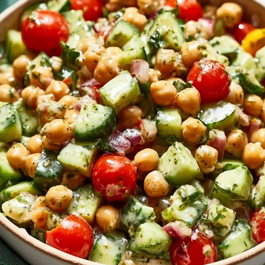 Creamy chickpea salad with yogurt dressing garnished with fresh vegetables