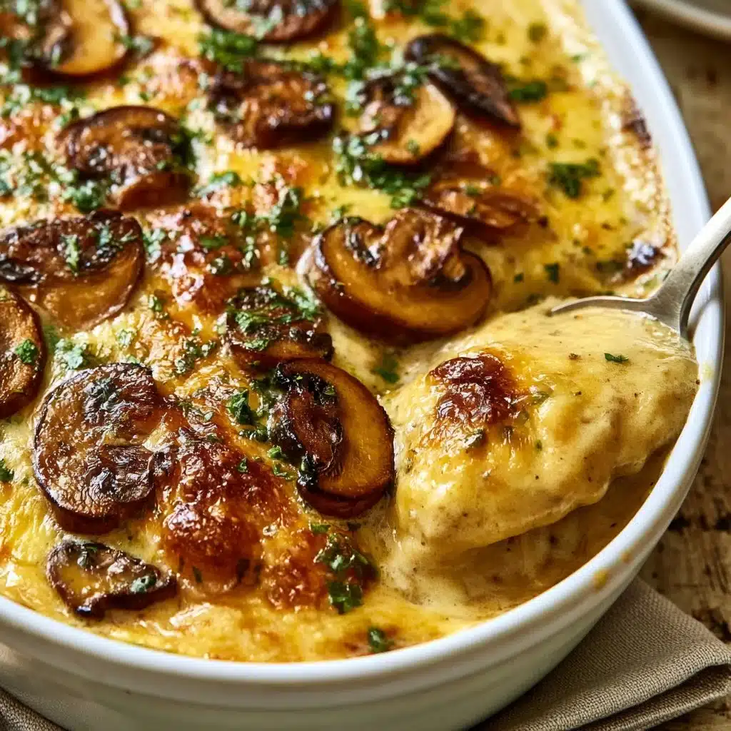 Creamy mushroom polenta casserole served in a rustic bowl