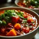 Bowl of hearty vegetarian chili topped with fresh herbs and spices.