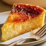 Slice of Impossible Lemon Pie with lemon garnishes on a white plate