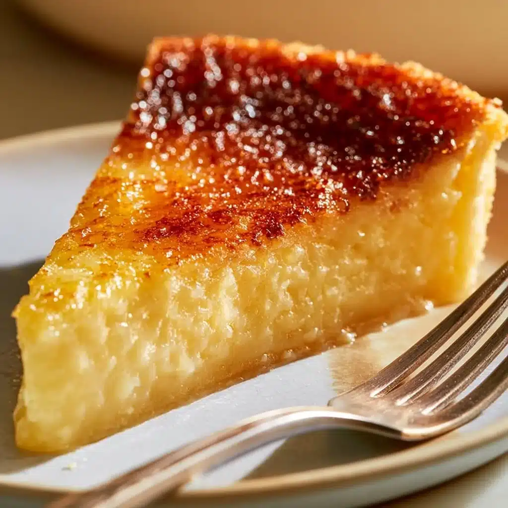 Slice of Impossible Lemon Pie with lemon garnishes on a white plate