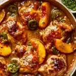 Plate of Jalapeno Peach Chicken garnished with fresh herbs