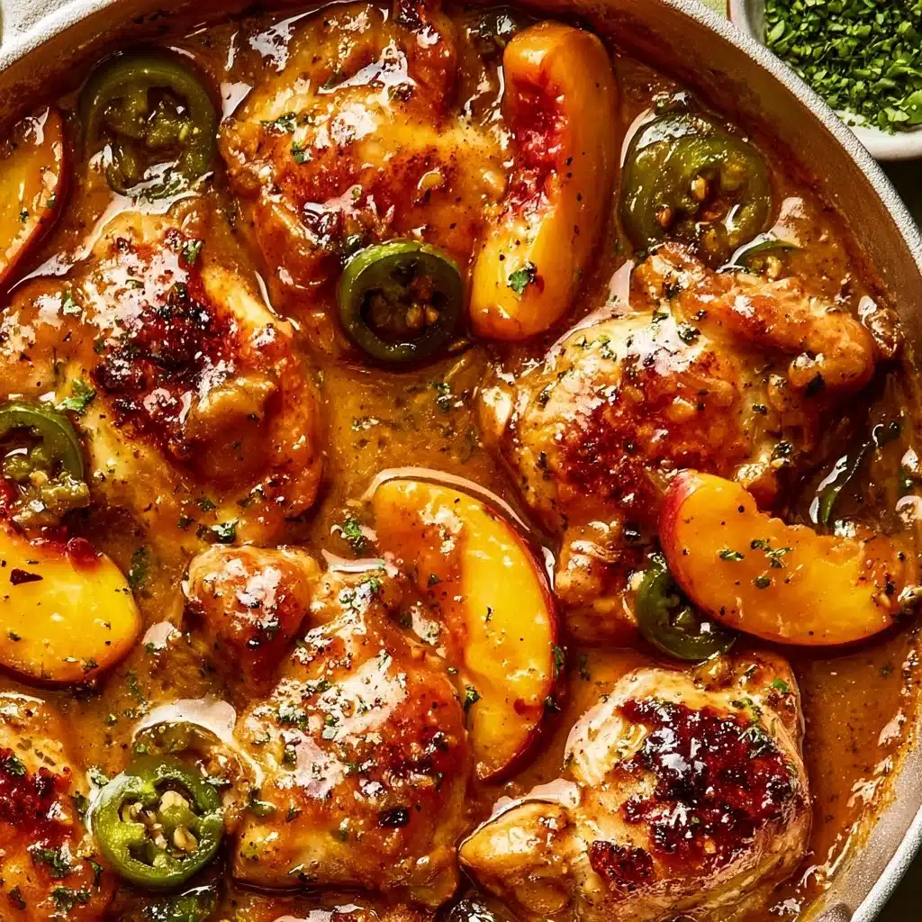 Plate of Jalapeno Peach Chicken garnished with fresh herbs