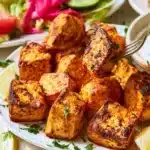 Plate of marinated tofu with Greek yogurt herb marinade garnished with fresh herbs