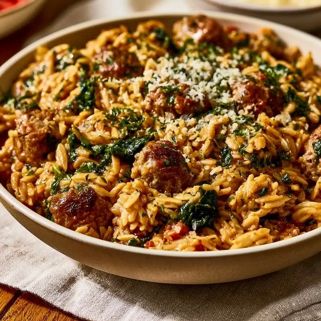 One pot Italian sausage orzo dish garnished with fresh herbs.