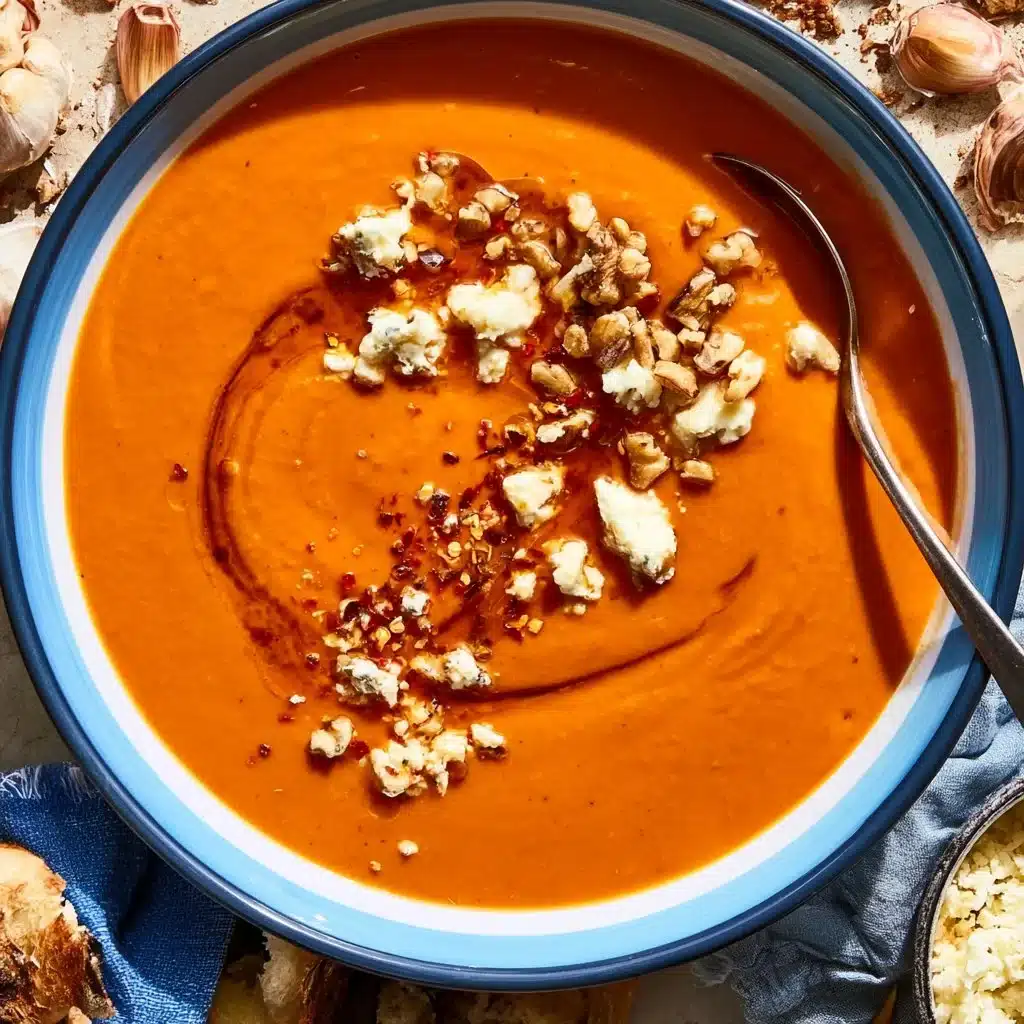 Bowl of roasted red pepper soup garnished with herbs and drizzled with cream