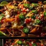 Sheet Pan Beef Nachos topped with cheese, jalapeños, and fresh toppings.