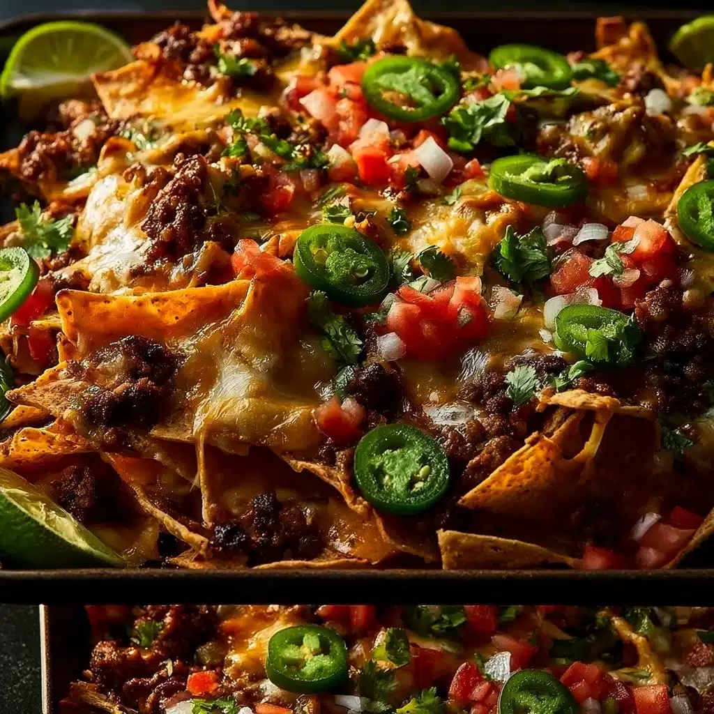 Sheet Pan Beef Nachos topped with cheese, jalapeños, and fresh toppings.