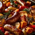 Sheet pan sausage, apples, and sweet potatoes meal ready to serve.