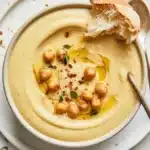 Bowl of vegan garlic chickpea soup garnished with herbs and spices