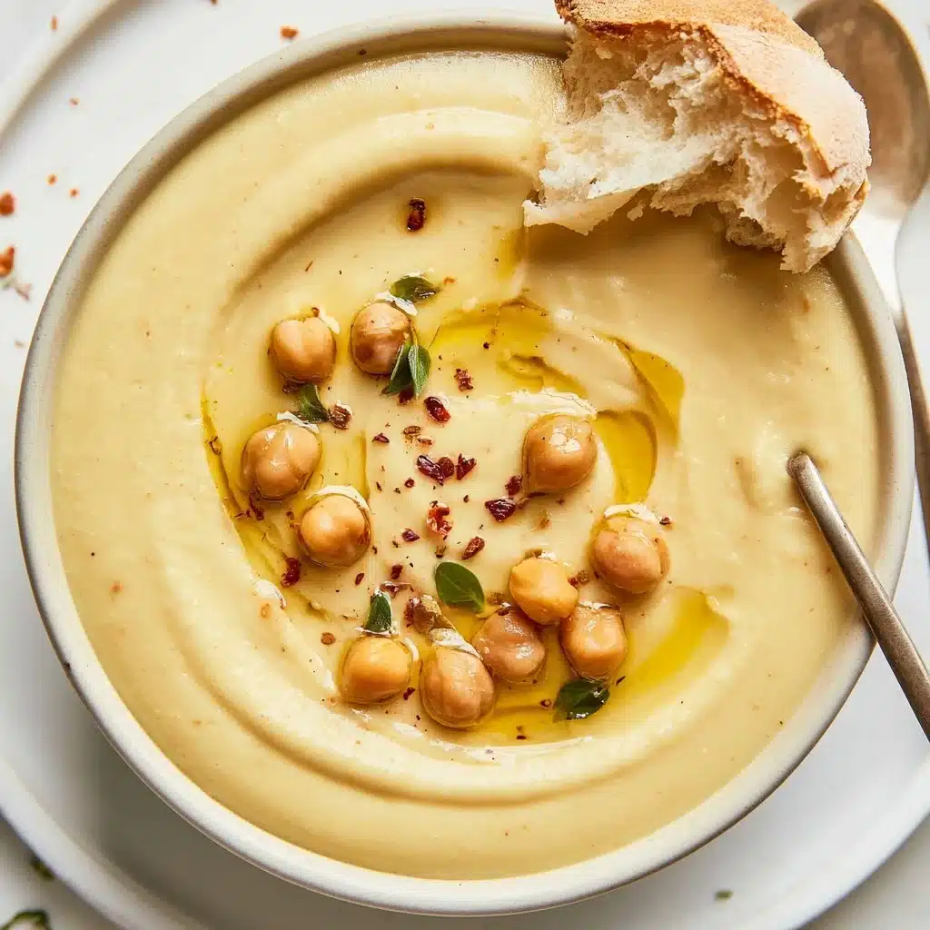 Bowl of vegan garlic chickpea soup garnished with herbs and spices